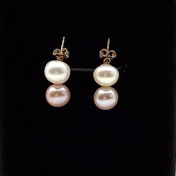 14K Gold Earrings with White & Peach Pearls - Picture 1 of 5